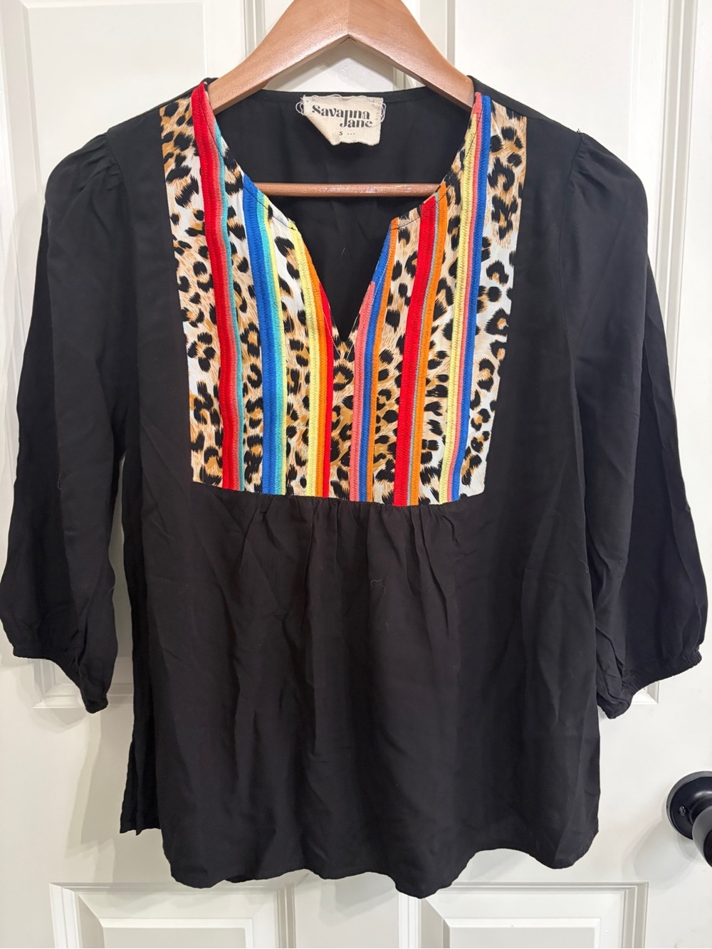 Like new Savanna Jane Black Blouse. Multicolor Embroidered Leopard Yoke Size S - Picture 3 of 9